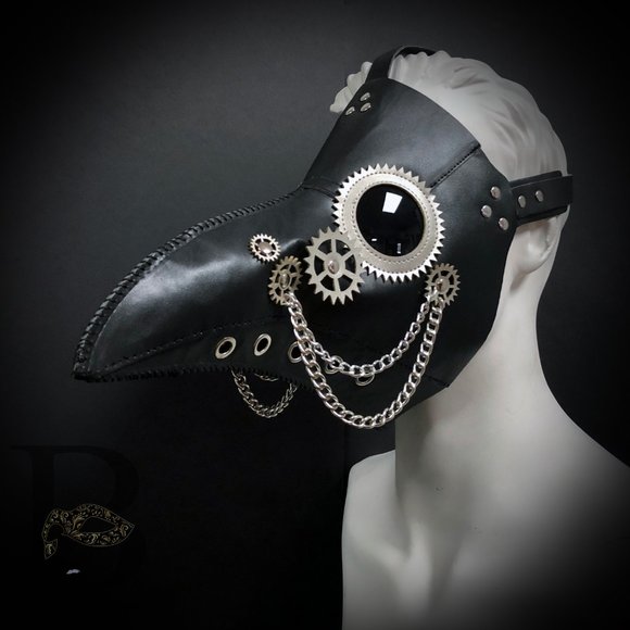 Black Plague Doctor Mask Black and Silver Gears - Picture 3 of 3